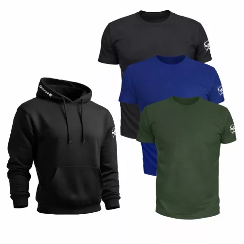 BornwinX szett összeállítás - 3 db póló (army, kék, fekete) + 1 db pulóver (fekete)