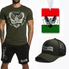   Hungary Falcon póló (army) + rövidnadrág (fekete) + sapka + illatosító 