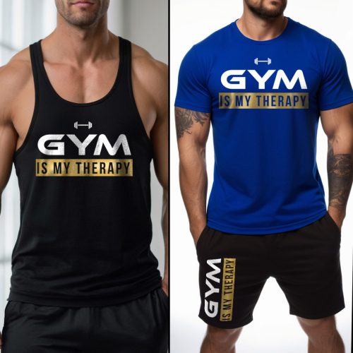 Gym is my therapy - Fekete stringer trikó + piros póló + fekete rövidnadrág