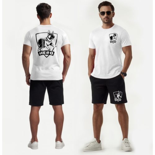Hero - Németjuhász / Férfi póló + rövidnadrág / Fehér - fekete