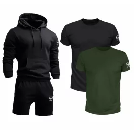   BornwinX szett összeállítás - 2 db póló (army, fekete) + 1 db fekete pulóver + 1 db fekete rövidnadrág 