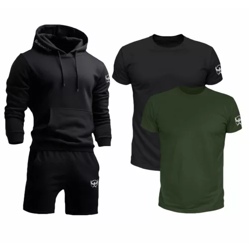 BornwinX szett összeállítás - 2 db póló (army, fekete) + 1 db fekete pulóver + 1 db fekete rövidnadrág 