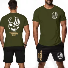 Train hard -  Férfi póló + rövidnadrág / Army - fekete